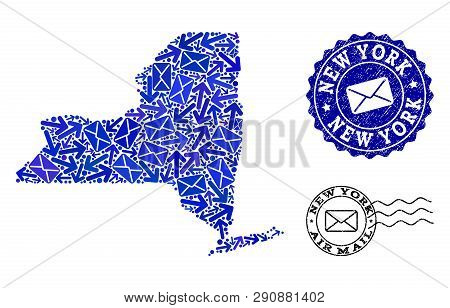 Mail Collage Of Blue Mosaic Map Of New York State And Scratched Seals. Vector Seals With Scratched R
