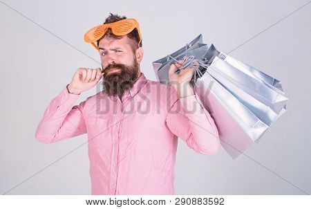 Shopping On Black Friday. Happy Shopping With Bunch Paper Bags. Shopping Addicted Consumer. Man Bear