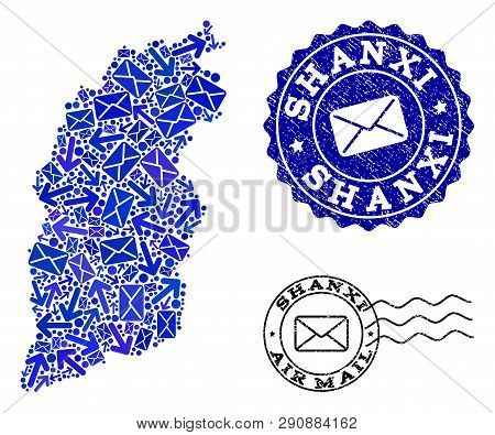 Mail Collage Of Blue Mosaic Map Of Shanxi Province And Rubber Stamps. Vector Imprints With Scratched