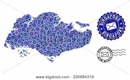 Post Composition Of Blue Mosaic Map Of Singapore And Scratched Seals. Vector Seals With Scratched Ru