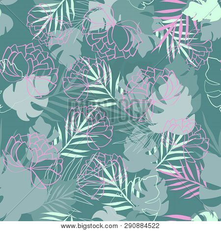 Vector Seamless Pattern With Pions Flowers And Tropical Leaves On Green Backdrop. For Wrapping Paper