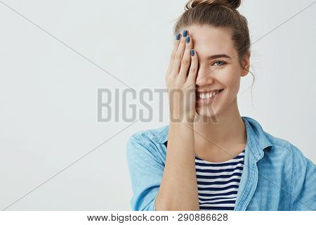 Enthusiastic Carefree Gorgeous Young 25s Caucasian Female House-wife Done Nails, Covering Half Face 