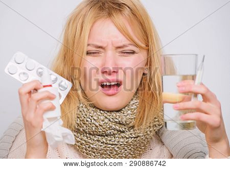 Headache And Fever Remedies. Woman Sick Person Hold Glass Water And Tablets Blister. Take Pills Reli