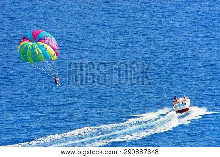 Fly A Parachute Over The Sea, Paraglider Flying Over The Sea