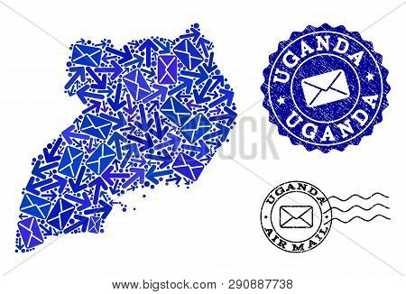 Post Composition Of Blue Mosaic Map Of Uganda And Scratched Stamps. Vector Watermarks With Scratched