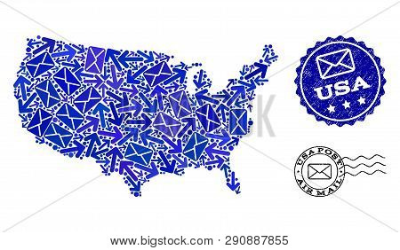 Mail Composition Of Blue Mosaic Map Of Usa And Rubber Stamp Seals. Vector Watermarks With Scratched 
