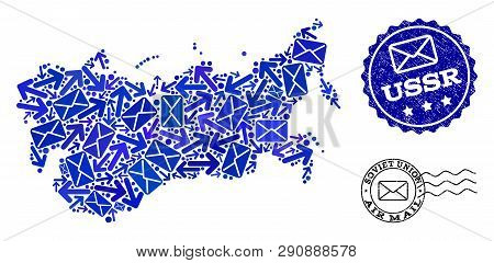 Mail Collage Of Blue Mosaic Map Of Ussr And Rubber Stamp Seals. Vector Seals With Scratched Rubber T
