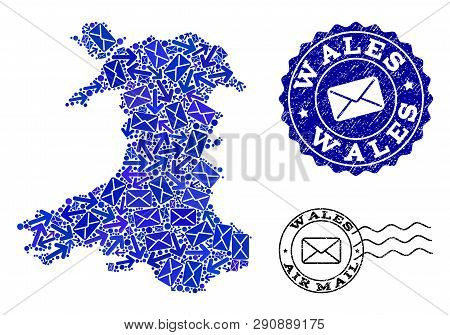 Post Composition Of Blue Mosaic Map Of Wales And Rubber Stamp Seals. Vector Imprints With Scratched 
