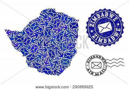 Post Collage Of Blue Mosaic Map Of Zimbabwe And Scratched Stamp Seals. Vector Watermarks With Scratc