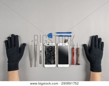 Technician Or Engineer Prepairing To Repair And Replace New Screen Broken And Cracked Screen Smartph
