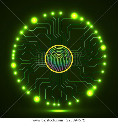 Abstract Neon Sign Fingerprint With Circuit Board By Circumference. Technology Concept. Vector