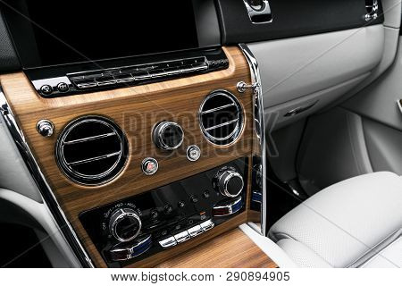 Modern Luxury Car White Leather Interior With Natural Wood Panel. Part Of Leather Car Seat Details W