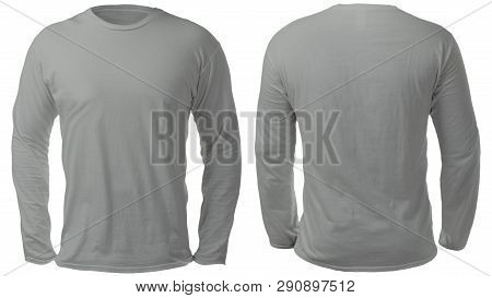 Blank Long Sleeved Shirt Mock Up Template, Front And Back View, Isolated On White, Plain Gray T-shir