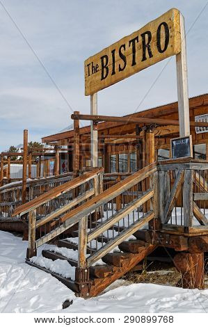 Carcross, Yukon, Canada, March 9, 2019 : Wood Restaurant In Carcross. Carcross Is An Unincorporated 