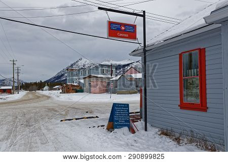 Carcross, Yukon, Canada, March 9, 2019 : Carcross Post-office. Carcross Is An Unincorporated Communi