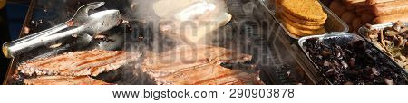 Many Cooked Sausages In The Kiosk Of Street Food