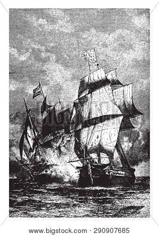 Arethusa which is the Belle Poule and the Arethusa, vintage line drawing or engraving illustration.