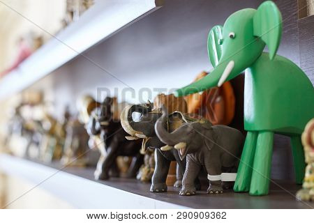 Rostov-on-don, Rostovskaya / Russia - Febr. 2019: Figures Of Elephants On Shelf. Wooden, Stone And C