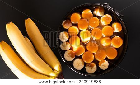 Food Concept Making Dessert  Homemade Banoffee Pie On Black Background
