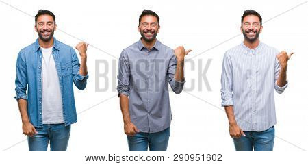 Collage of handsome young indian man over isolated background smiling with happy face looking and pointing to the side with thumb up.