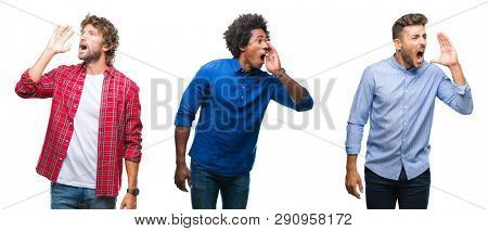Collage of group of african american and hispanic men over isolated background shouting and screaming loud to side with hand on mouth. Communication concept.