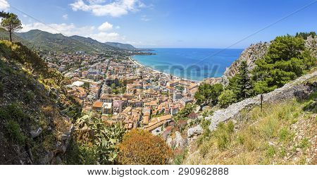 Panoramic Aerial View Of Cefalu Old Town, Sicily, Italy. Cefalu Is One Of The Major Tourist Attracti