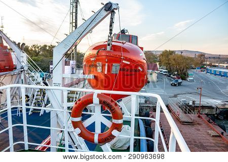 Kerch, Crimea - Oct. 2014: Port Krym. Kerchenskaya Ferry Crossing. Ferry 