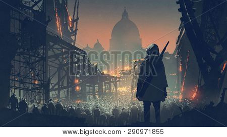 Young Man With Gun Looking At Crowd Of People In Apocalyptic City, Digital Art Style, Illustration P