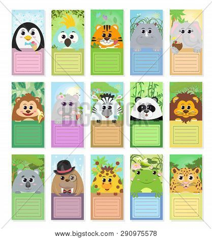 Set Of Labels For Children With Animals: Penguin Parrot Tiger Rhino Elephant Monkey Hippo Zebra Pand
