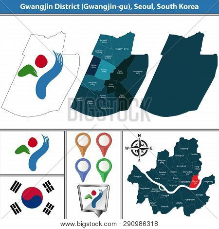 Vector Map Of Gwangjin District Or Gu Of Seoul Metropolitan City In South Korea With Flags And Icons