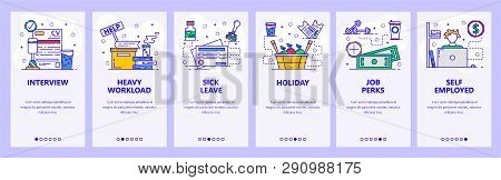 Mobile App Onboarding Screens. Work In Office, Sick Leave And Day Off, Job Interview. Menu Vector Ba
