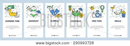 Mobile App Onboarding Screens. Travel, Vacation And Beach Holiday Icons. Swiming, Diving, Cocktails.