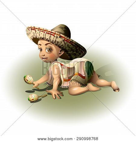 Mexican Baby Plays The Maracas. Vector Illustration.