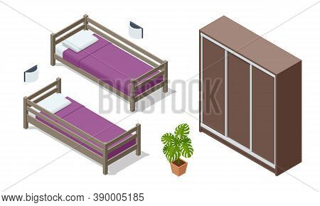 Isometric Wooden Bed And Wardrobe Isolated On White. Icons Of Wooden Furniture. Teenage Bedroom. Bed