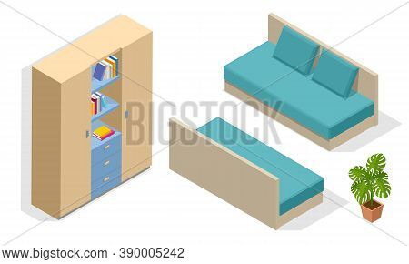 Isometric Wooden Bed And Wardrobe Isolated On White. Icons Of Wooden Furniture. Teenage Bedroom. Bed
