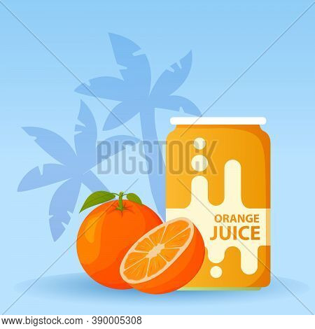 Aluminum Can With Orange Juice. Ripe Tropical Fruit.