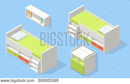 Isometric Wooden Bed And Wardrobe Isolated On White. Icons Of Wooden Furniture. Teenage Bedroom. Bed