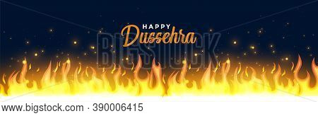 Happy Dussehra Festival Wide Banner With Burning Flames Vector