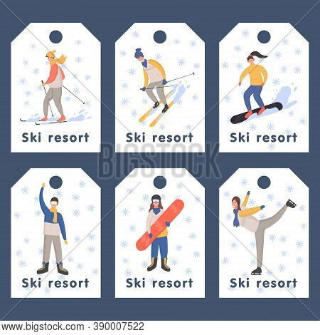 Set Of Ski Resort Badges. Men And Women Skiing, Skating, Snowboarding Vector Flat Cartoon Illustrati