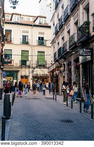 Madrid, Spain - 26 September 2020: People Walking On Street In Malasana District In Madrid. Malasana