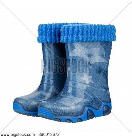Childrens Rubber Boots Blue сolour Isolated White Background. File Contains Clipping Path.