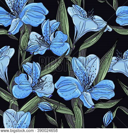Seamless Vector Pattern With Blue Alstroemeria On A Dark Background.