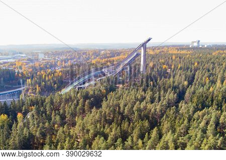 Aerial View Of Sports Centre With Three Ski Jump Towers In Lahti, Finland