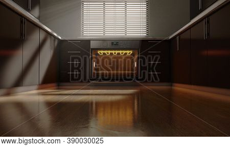 A Look Across A Clean Kitchen With Cupboards And An Open Empty Hot Oven With Morning Light Coming Th
