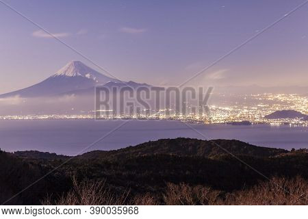 Mount Fuji And Numazu City Lights At Night In Winter