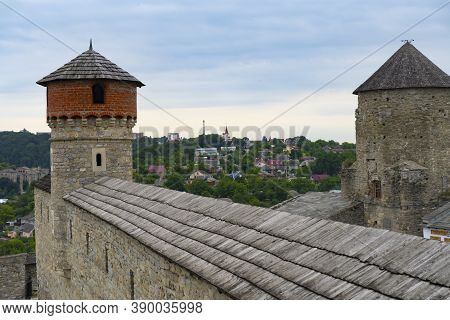 Sceneric View At Tower Of Medieval Stone Castle At Kamenets Podolskiy, Famous Touristic Place In Ukr