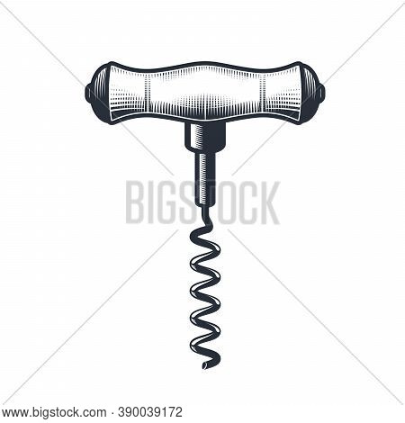 Wine Corkscrew With Wooden Handle In Engraving Style, Vintage Cork Screw