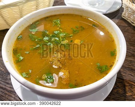Hot Spicy Soup Kharcho In White Tureen, Georgian Cuisine