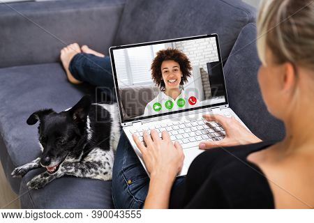 Video Conference Business Meeting On Laptop. Webinar Videoconference