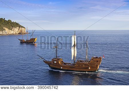 Dubrovnik, Croatia - 02. September 2020: Tirena And Karaka, Tourist Replica Of Wooden Medieval Ships